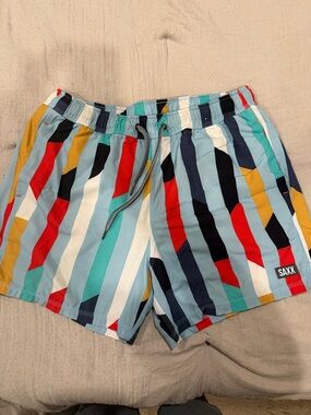 Saxx Oh Bouy Large Multi-Stripe Swim Shorts in Teal, Red, Yellow and Navy
